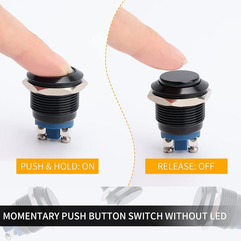STARELO 5pcs 19mm Momentary Push Button Switch Black Shell, IP65 Waterproof Push Button Switch,Aluminum Alloy 1 Normally Open Without LED. - Image 4